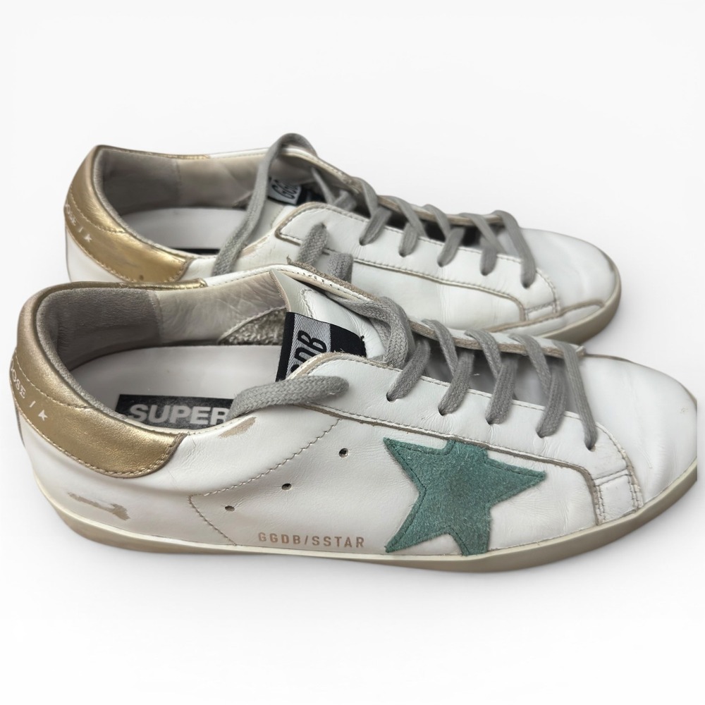 Golden Goose Super-Star Sneaker Womens 38 White Teal Gold Distressed Gray Laces - Picture 2 of 14
